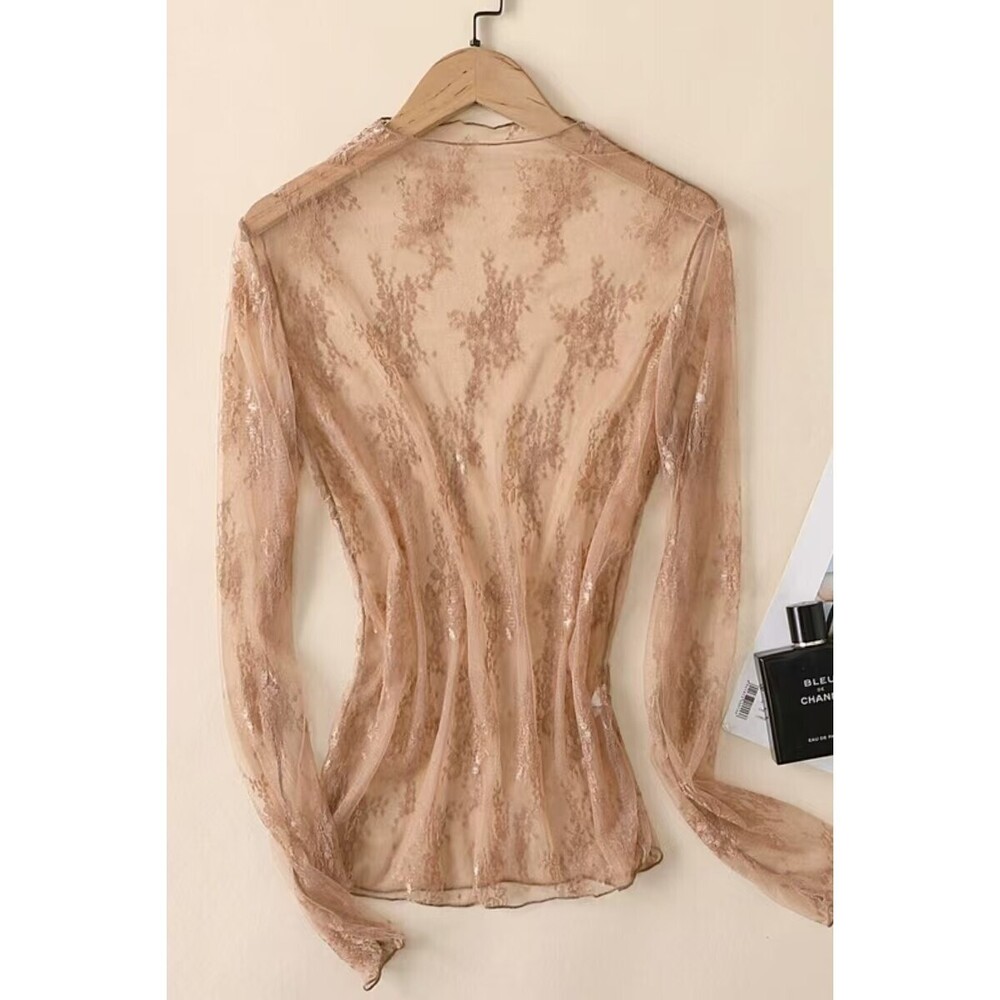 1I1399 C Lace Mesh Sheer Top Coffee Various Sizes